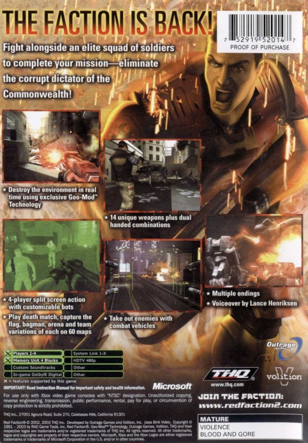 Red Faction II Xbox game featuring first person shooter gameplay futuristic sci fi storyline destructible environments multiplayer modes and explosive combat action by THQ back cover art