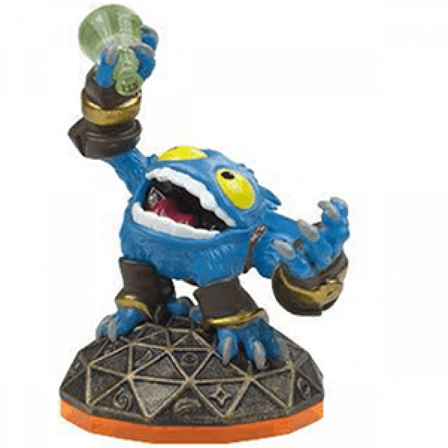 Pop Fizz Skylanders Giants figure, magic element alchemist with blue fur, goggles and potion bottle, posed throwing potion in battle stance, detailed collectible toy on portal base from Skylanders Giants series
