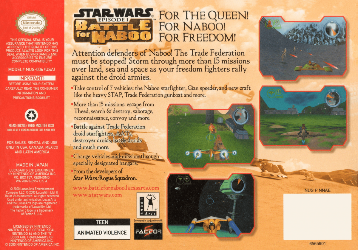 Star Wars Battle for Naboo back cover art for Nintendo 64 N64 video game