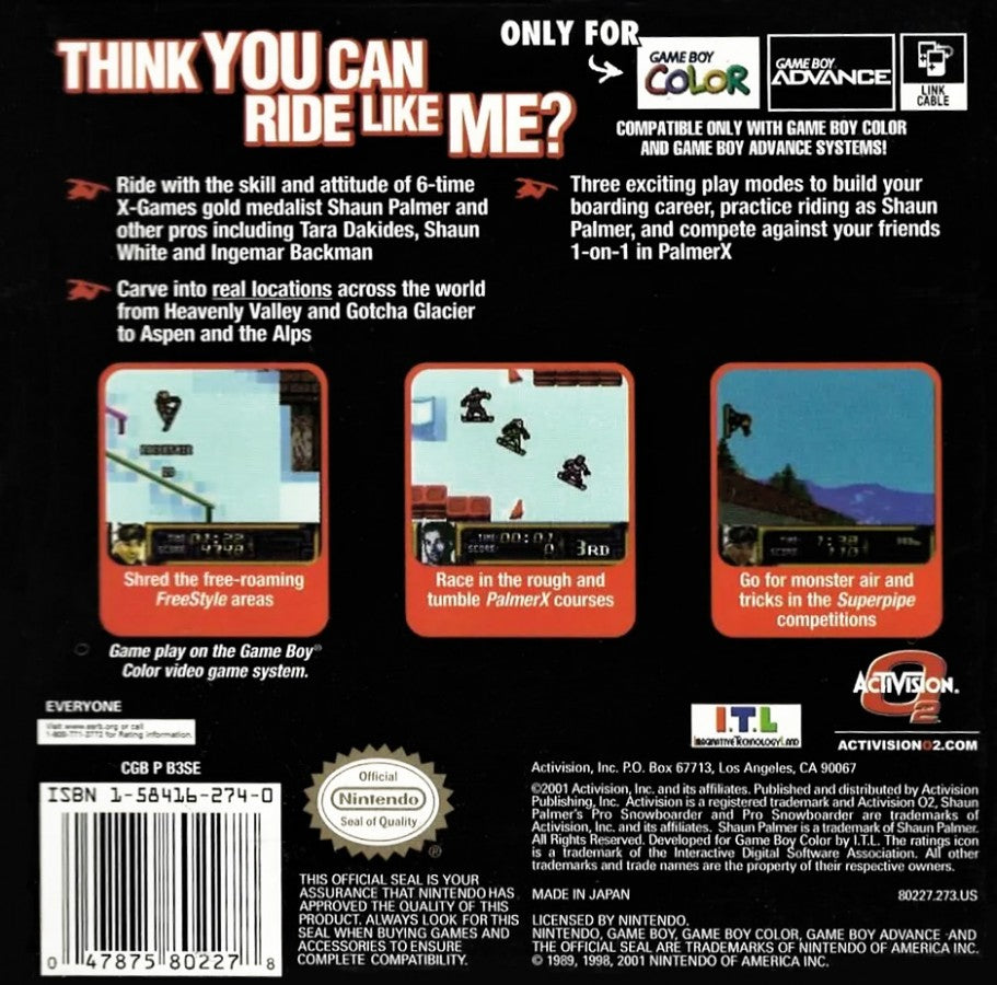 Shaun Palmer's Pro Snowboarder Game Boy Color GBC back of case for retro video game enthusiasts featuring extreme sports gameplay fast paced snowboarding action downhill racing challenges trick based mechanics winter mountain environments portable handheld gaming excitement and collectible gaming appeal