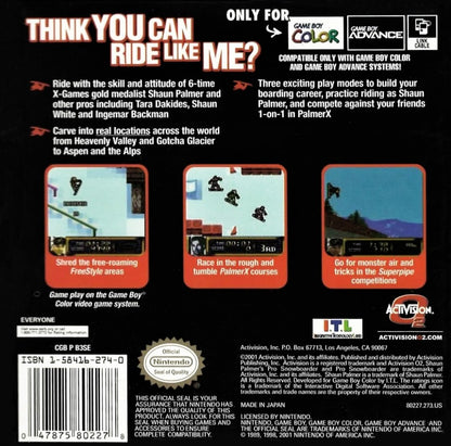 Shaun Palmer's Pro Snowboarder Game Boy Color GBC back of case for retro video game enthusiasts featuring extreme sports gameplay fast paced snowboarding action downhill racing challenges trick based mechanics winter mountain environments portable handheld gaming excitement and collectible gaming appeal