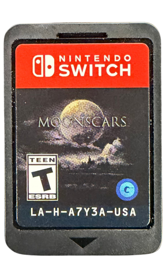 Moonscars Nintendo Switch inspired design featuring dark fantasy action platformer aesthetic gothic pixel art visuals brutal combat mysterious alchemical world atmospheric exploration challenging boss battles haunting metroidvania gameplay presentation cartridge