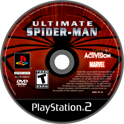 Ultimate Spider-Man PlayStation 2 PS2 for action adventure video game fans featuring open world superhero gameplay web swinging exploration intense combat missions Marvel characters Venom storyline comic book inspired visuals city traversal special abilities and cinematic storytelling collectible gaming appeal disc