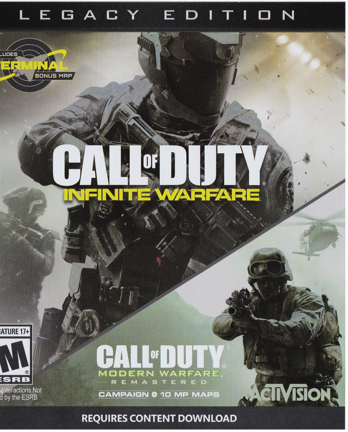 Call of Duty Infinite Warfare Legacy Edition Xbox One for retro video game enthusiasts featuring first person shooter gameplay futuristic military combat cinematic campaign missions fast paced multiplayer action cooperative zombie mode includes Call of Duty Modern Warfare Remastered and collectible gaming appeal front cover 