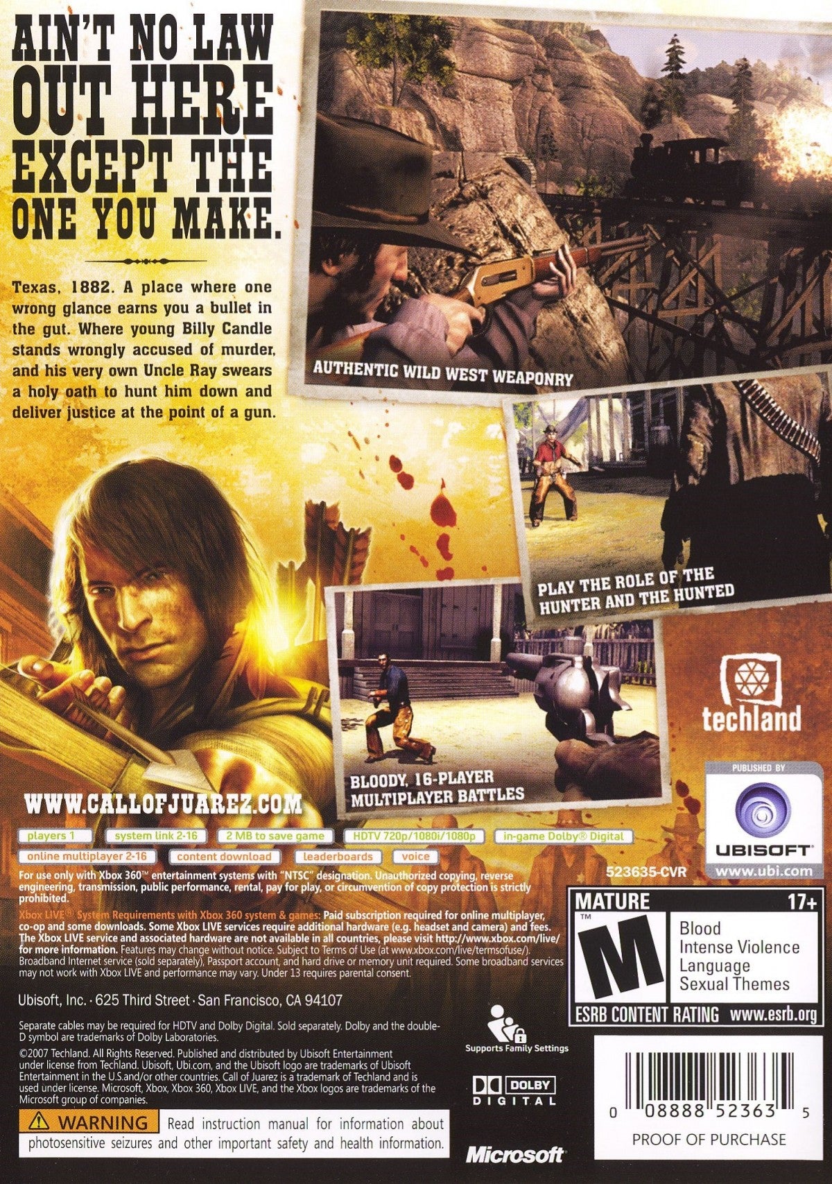 Call of Juarez Xbox 360 game featuring Wild West first person shooter action dual character campaign storyline intense gunfights historical western setting and multiplayer modes by Ubisoft back cover art