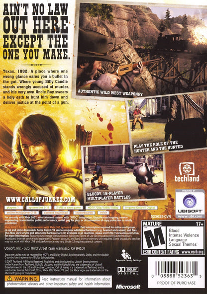 Call of Juarez Xbox 360 game featuring Wild West first person shooter action dual character campaign storyline intense gunfights historical western setting and multiplayer modes by Ubisoft back cover art