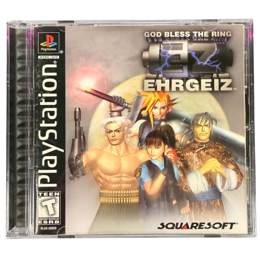 Ehrgeiz God Bless the Ring Sony PlayStation PS1 video game featuring 3D fighting gameplay martial arts combat weapon based battles iconic characters arcade style action special moves arena battles and classic 32 bit PlayStation gameplay retro video game collection collectible gaming appeal cover art