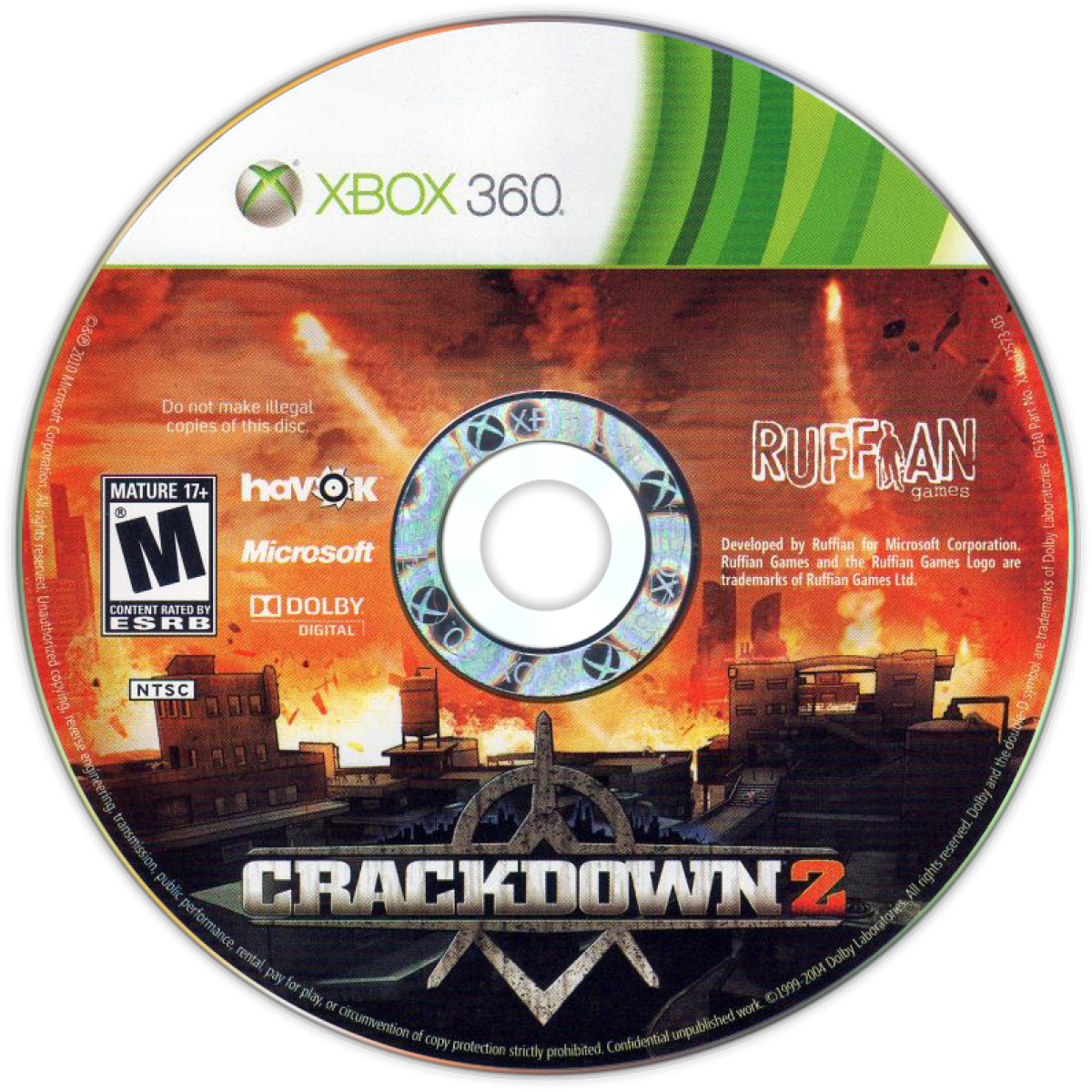Crackdown 2 Xbox 360 video game featuring open world action gameplay superpowered agent combat Pacific City exploration explosive weapons vehicle driving criminal gangs mutant enemies co-op multiplayer missions and classic Xbox 360 gameplay retro video game collection collectible gaming appeal disc
