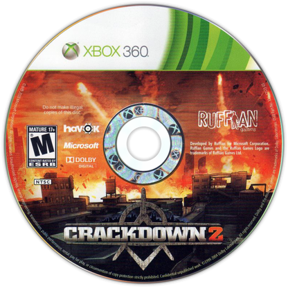 Crackdown 2 Xbox 360 video game featuring open world action gameplay superpowered agent combat Pacific City exploration explosive weapons vehicle driving criminal gangs mutant enemies co-op multiplayer missions and classic Xbox 360 gameplay retro video game collection collectible gaming appeal disc