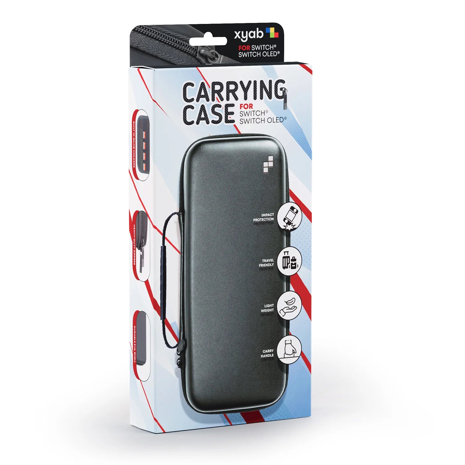 Nintendo Switch carrying case packaging box showing hard shell case with travel features and protection icons