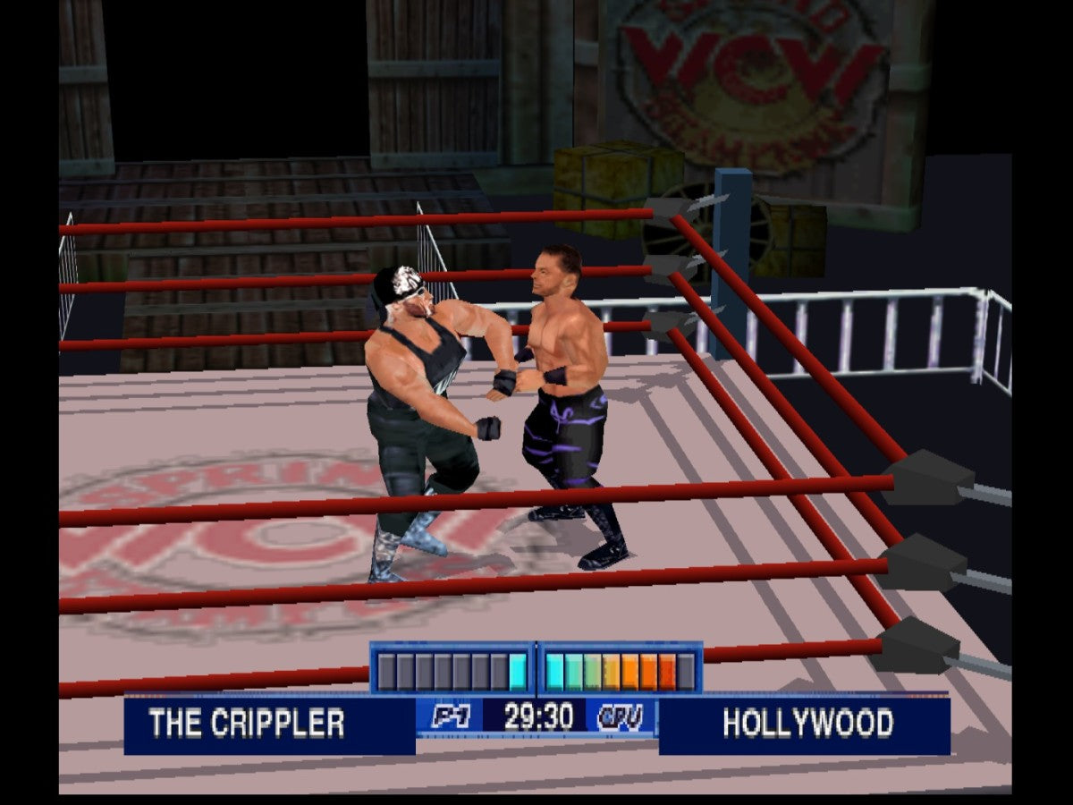 WCW Mayhem Nintendo 64 N64 video game featuring professional wrestling gameplay WCW superstars championship matches signature wrestling moves grappling attacks finishing moves ring combat backstage areas pay per view events and classic 64 bit Nintendo wrestling action retro video game collection collectible gaming appeal gameplay