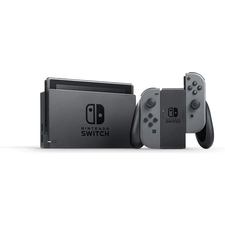 Nintendo Switch system with dock and grey Joy Cons featuring versatile home and portable gaming modes with dock