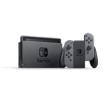 Nintendo Switch system with dock and grey Joy Cons featuring versatile home and portable gaming modes with dock