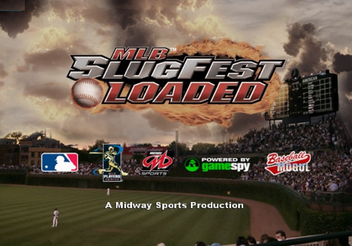 MLB Slugfest: Loaded title screen for PlayStation 2 (PS2) featuring over‑the‑top arcade baseball action with fiery pitches, hard‑hitting collisions, and exaggerated player moves