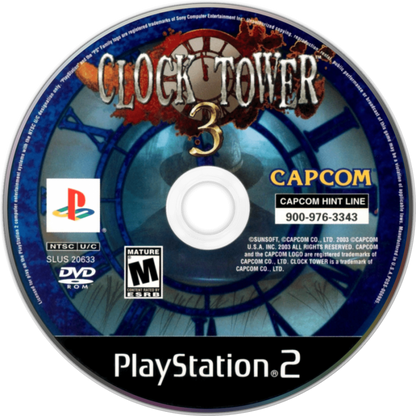 Clock Tower 3 PS2 Sony PlayStation 2 survival horror game point and click style adventure cinematic horror time travel storyline ghost enemies stealth and hiding gameplay Capcom psychological horror retro gaming PlayStation 2 software video game title disc 