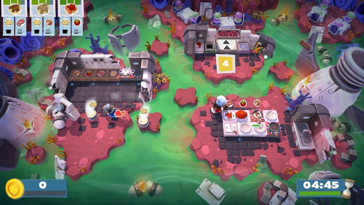 Overcooked All You Can Eat for Nintendo Switch, gameplay for a cooperative cooking simulation video game with chaotic kitchen gameplay, multiplayer challenges, remastered visuals, and party-style action
