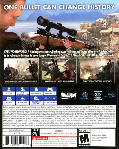 Sniper Elite 4 PlayStation 4 PS4 for retro video game enthusiasts featuring tactical stealth shooter gameplay long range sniper combat World War II missions realistic ballistics mechanics stealth infiltration objectives and cinematic slow motion kill cam action and collectible gaming appeal back cover art