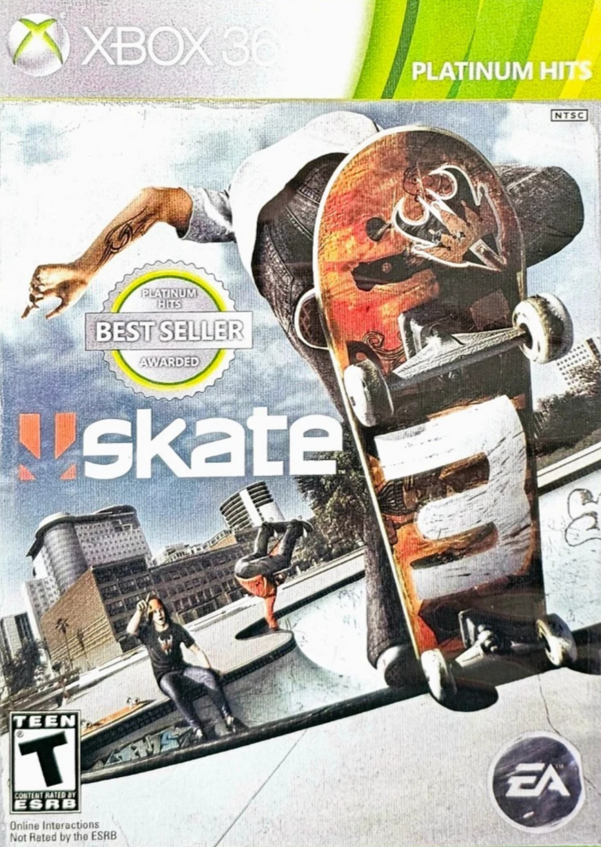 Skate 3 Platinum Hits Xbox 360 skateboarding simulation video game EA Black Box flick-it control scheme Port Carverton open world locations online multiplayer Hall of Meat mode team up contests co-op challenges career progression skate parks create-a-park feature front cover