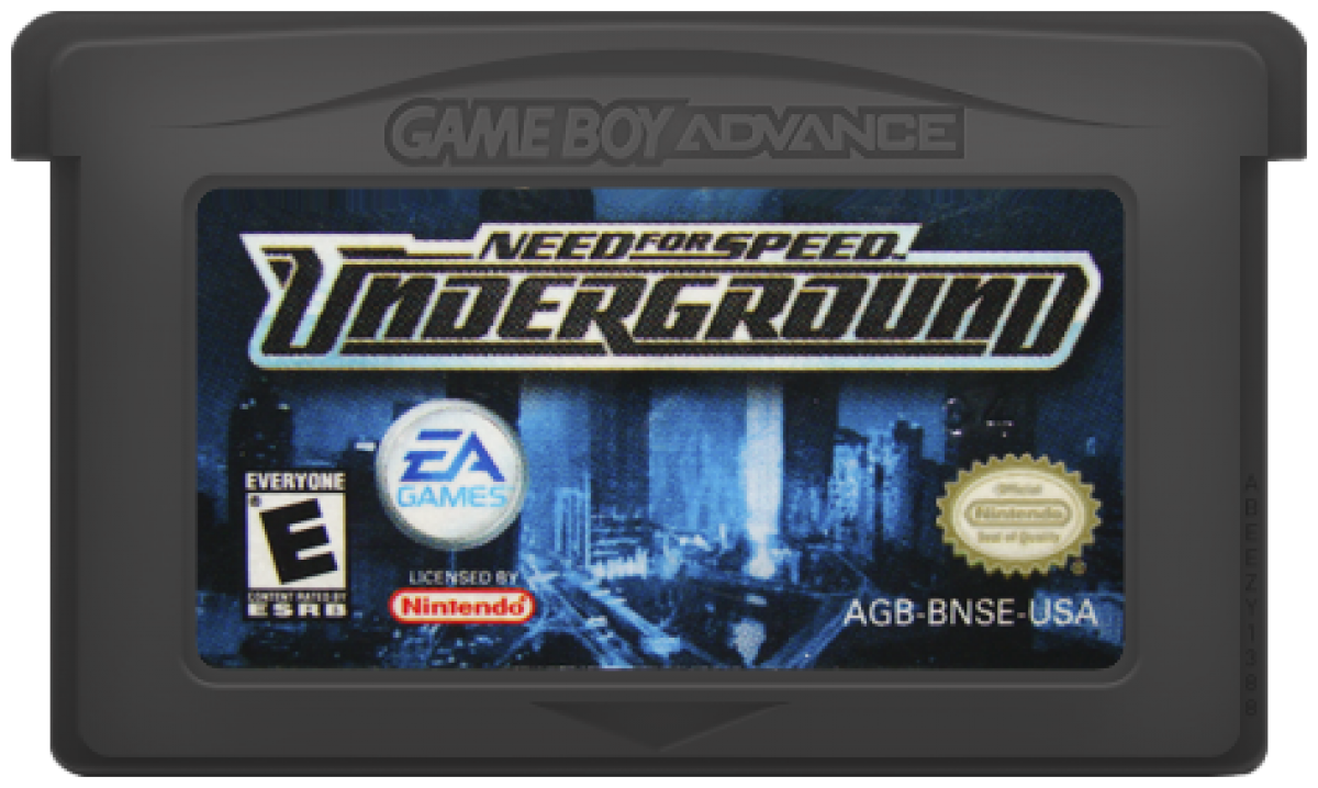 Need for Speed Underground Game Boy Advance cartridge for retro video game featuring street racing gameplay, car customization, underground tuner culture, fast paced arcade racing, and portable handheld racing action on the GBA system