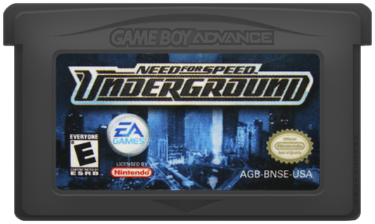 Need for Speed Underground Game Boy Advance cartridge for retro video game featuring street racing gameplay, car customization, underground tuner culture, fast paced arcade racing, and portable handheld racing action on the GBA system