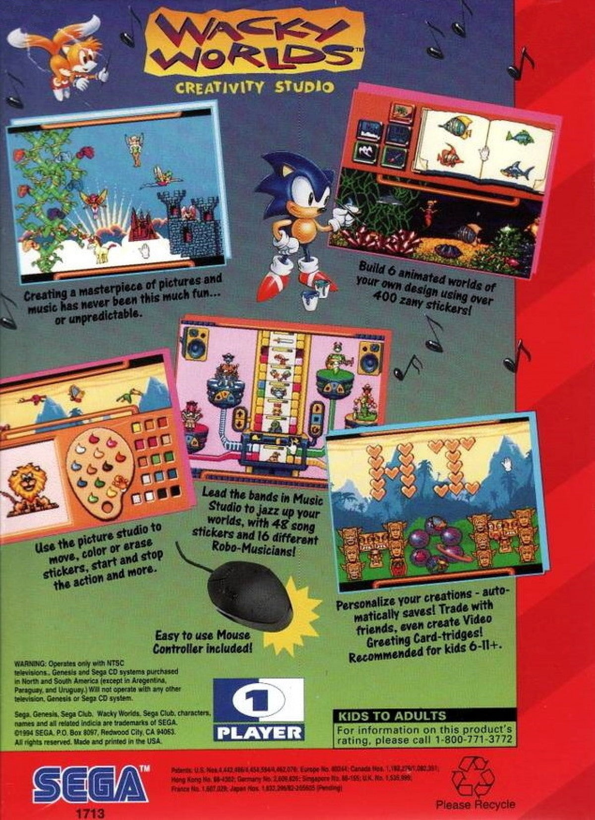 Wacky Worlds Creativity Studio Sega Genesis for retro video game enthusiasts featuring creative art and drawing gameplay digital coloring tools animated stickers imaginative scene creation family friendly educational entertainment classic console creativity and collectible gaming appeal back cover