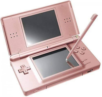 Rose Gold Nintendo DS Lite featuring dual screens, compact design, and elegant metallic finish open view of dual screens