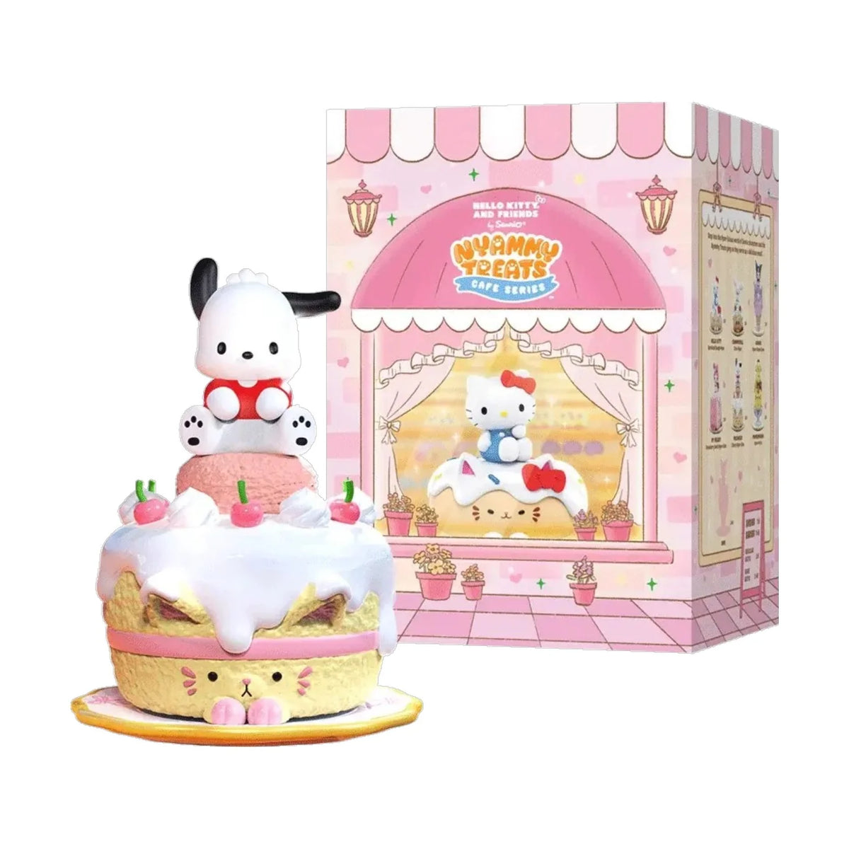 Nyammy Treats Sanrio Cafe Series Blind Box Sanrio collectible figure featuring cute cafe themed character designs adorable food inspired accessories pastel colors sweet dessert styling mystery surprise figure collectible toy kawaii character merchandise desk display shelf decor Sanrio fan collection and Japanese pop culture collectible appeal
