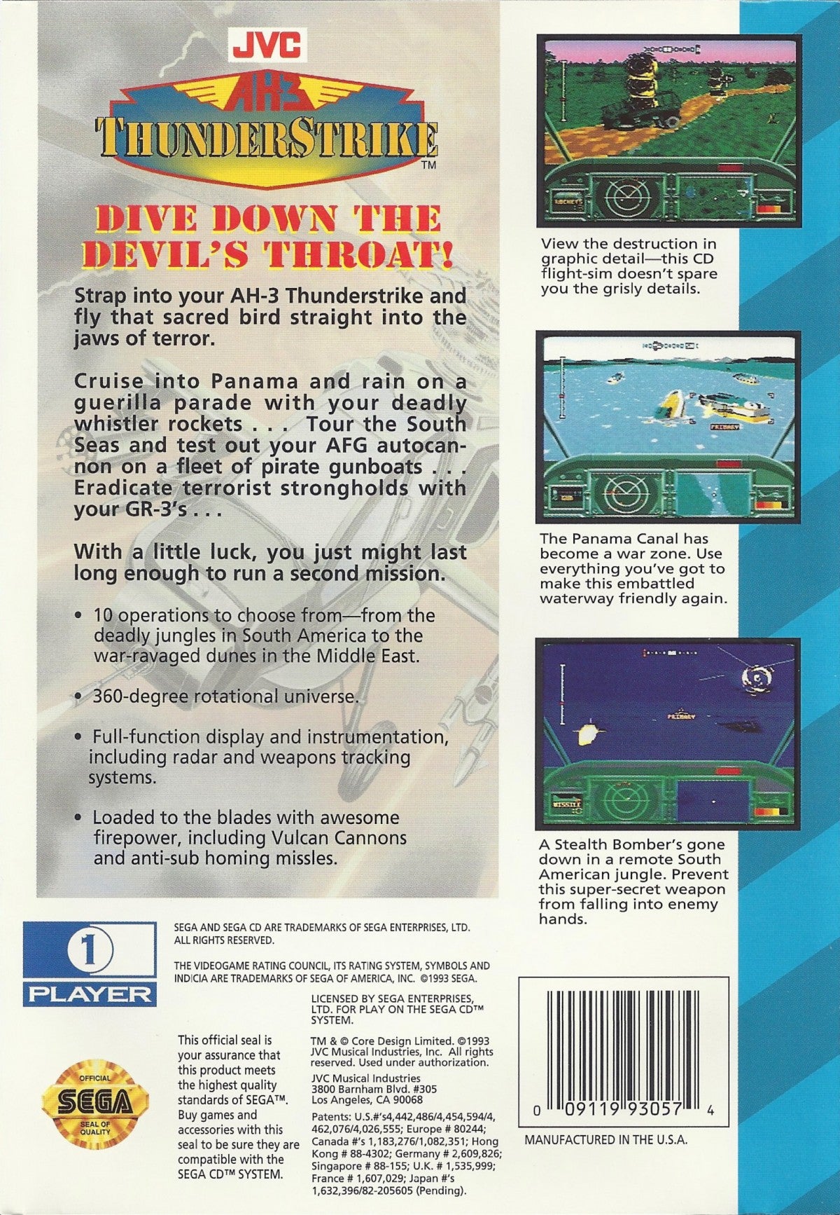 AH-3 Thunderstrike Sega CD helicopter combat flight shooter arcade style aerial missions military action top down shooting bombing runs fast paced gameplay CD audio soundtrack retro gaming Sega CD software video game title back cover art