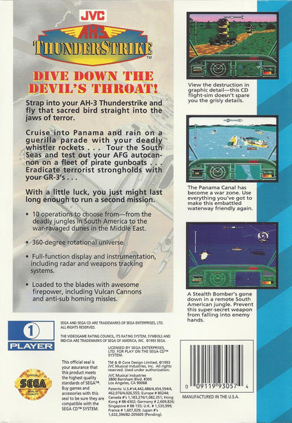 AH-3 Thunderstrike Sega CD helicopter combat flight shooter arcade style aerial missions military action top down shooting bombing runs fast paced gameplay CD audio soundtrack retro gaming Sega CD software video game title back cover art
