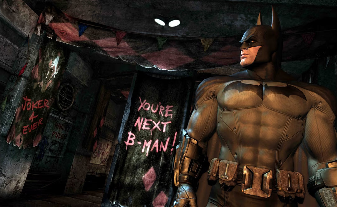 Batman Arkham City Xbox 360 open-world action-adventure stealth video game featuring the Dark Knight Catwoman Joker Hugo Strange Two-Face and Penguin with freeflow combat predator takedowns gadget upgrades gliding traversal and Riddler challenges gameplay screenshot