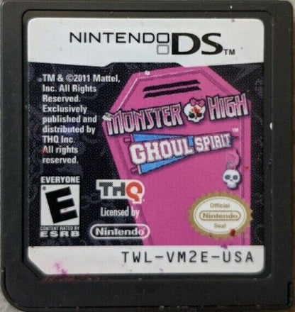 Monster High: Ghoul Spirit for Nintendo DS — a school-life adventure where you create your own ghoul, attend classes, complete tasks, build friendships with famous Monster High characters, and uncover spooky mysteries around the school cartridge