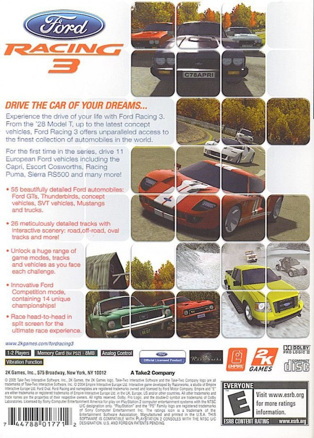 Ford Racing 3 back of case for PlayStation 2 (PS2) Ford-licensed arcade-style racing video game