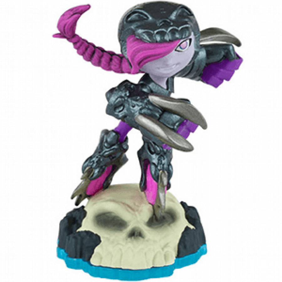 Roller Brawl Skylanders Swap Force figure, undead element vampire girl with roller skates, red hair and claws, posed in fast attack stance, detailed collectible toy on portal base from Skylanders Swap Force series