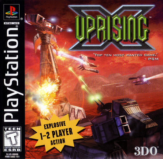 Uprising X for PlayStation 1 arcade shooter video game featuring fast paced on rails action futuristic sci fi settings intense enemy encounters and classic late era PS1 arcade style gameplay experience cover art