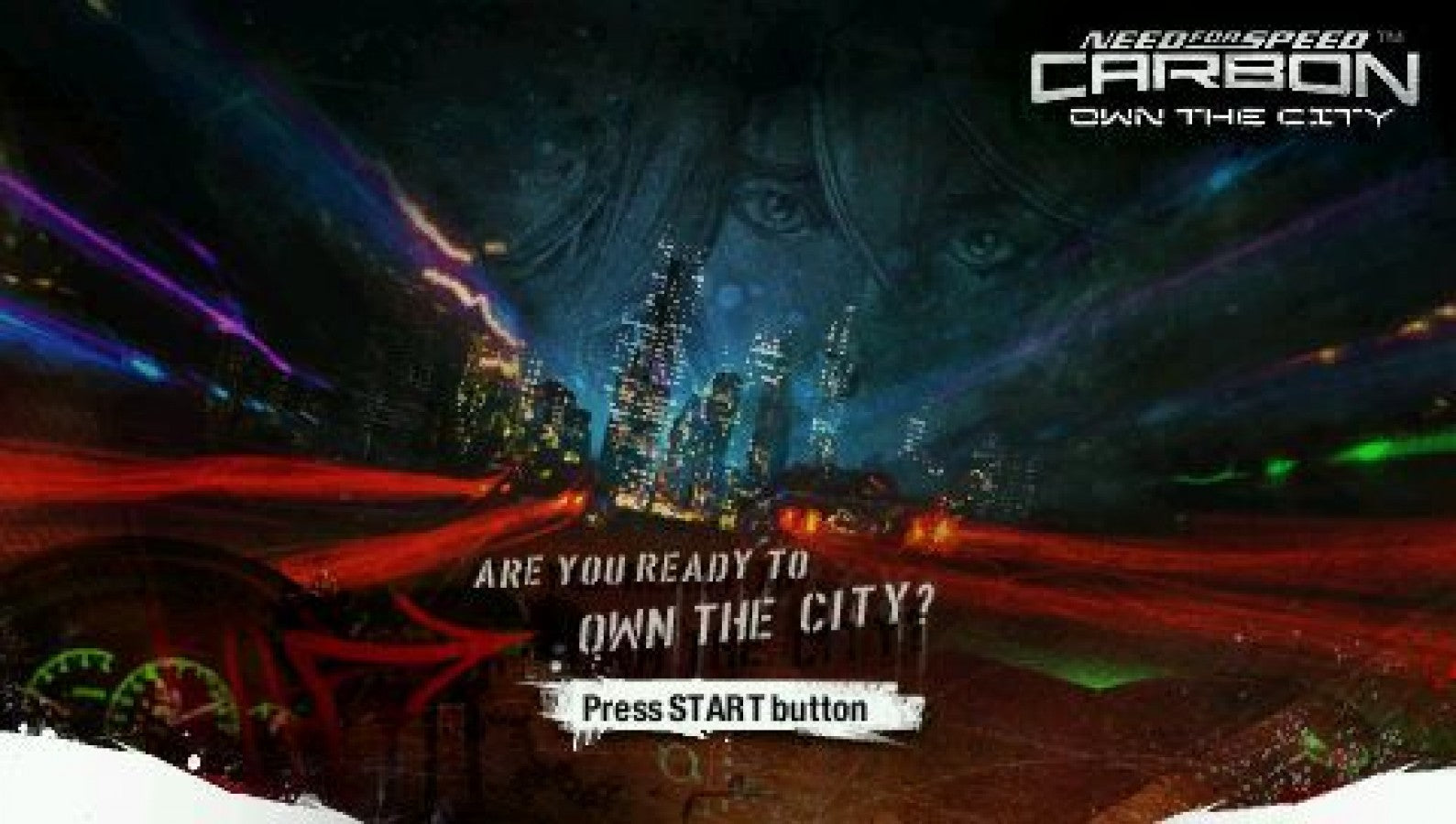 Need for Speed Carbon: Own the City start screen for PlayStation Portable (PSP) racing game