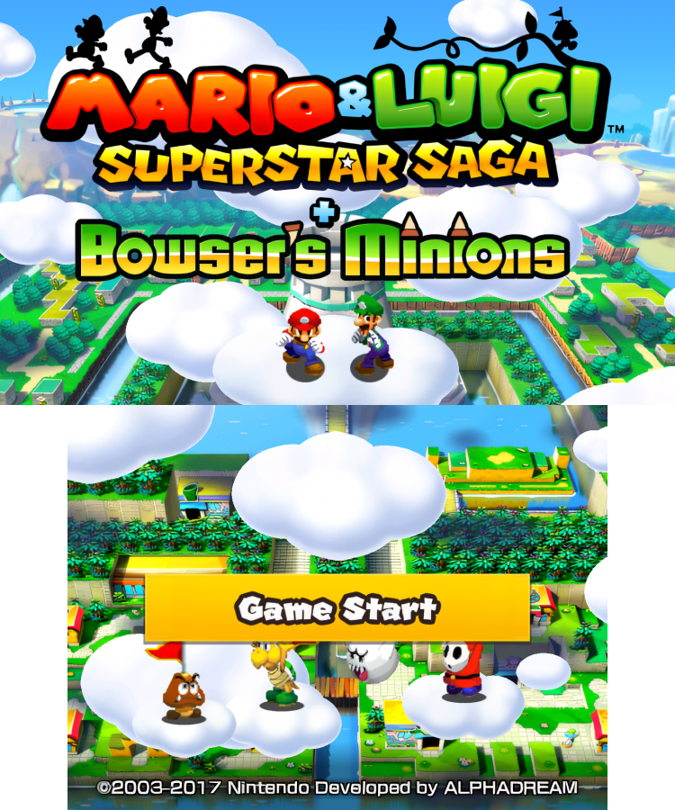 Mario & Luigi: Superstar Saga + Bowser's Minions title screen for Nintendo 3DS (3DS) role-playing video game