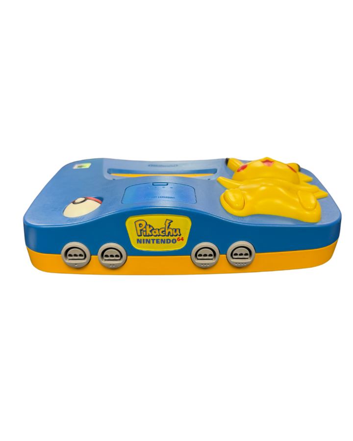Pikachu Nintendo 64 Console Japanese model Nintendo 64 console with blue Pikachu shell Pokémon edition collectible retro gaming system console front view of logo