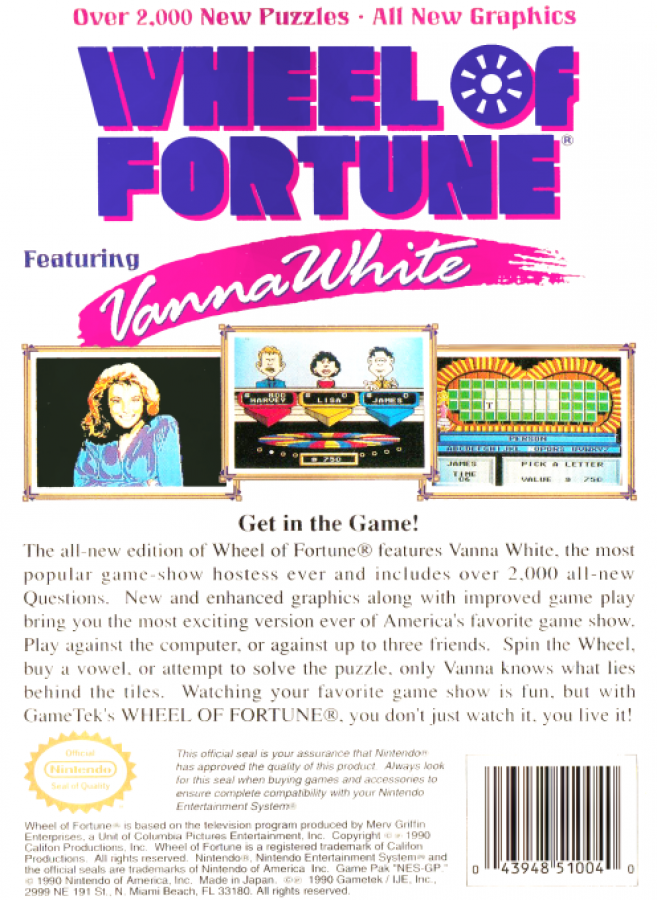 Wheel of Fortune Featuring Vanna White back of box for Nintendo Entertainment System NES retro video game 