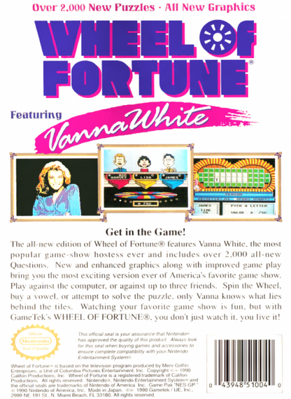 Wheel of Fortune Featuring Vanna White back of box for Nintendo Entertainment System NES retro video game 