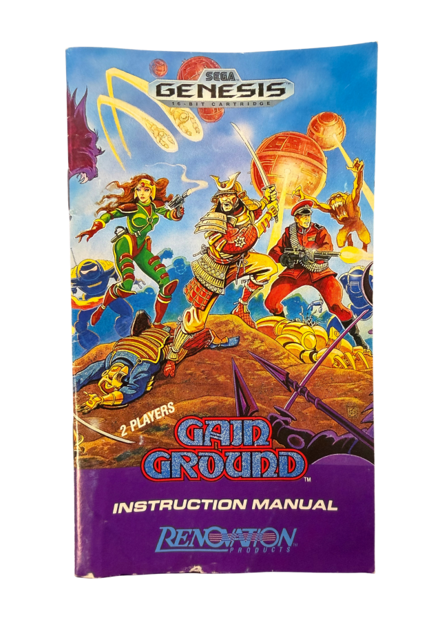 Gain Ground Sega Genesis GEN for arcade action strategy video game fans featuring tactical combat multiple playable warriors enemy battles challenging stages cooperative multiplayer strategic positioning and classic Sega arcade gameplay collectible retro Genesis gaming appeal front of manual