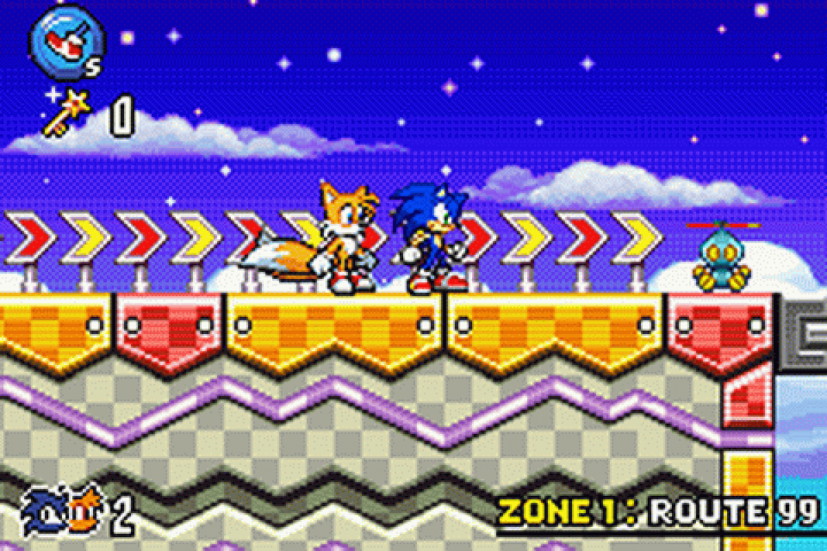 Sonic Advance 3 for Game Boy Advance (GBA), gameplay for a retro video game featuring fast-paced platforming gameplay, side-scrolling action, multiplayer co-op, collectible rings, and iconic character-based adventures