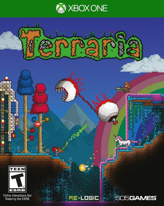 Terraria Xbox One 2D sandbox adventure game with building crafting exploration and combat in procedurally generated worlds cover art