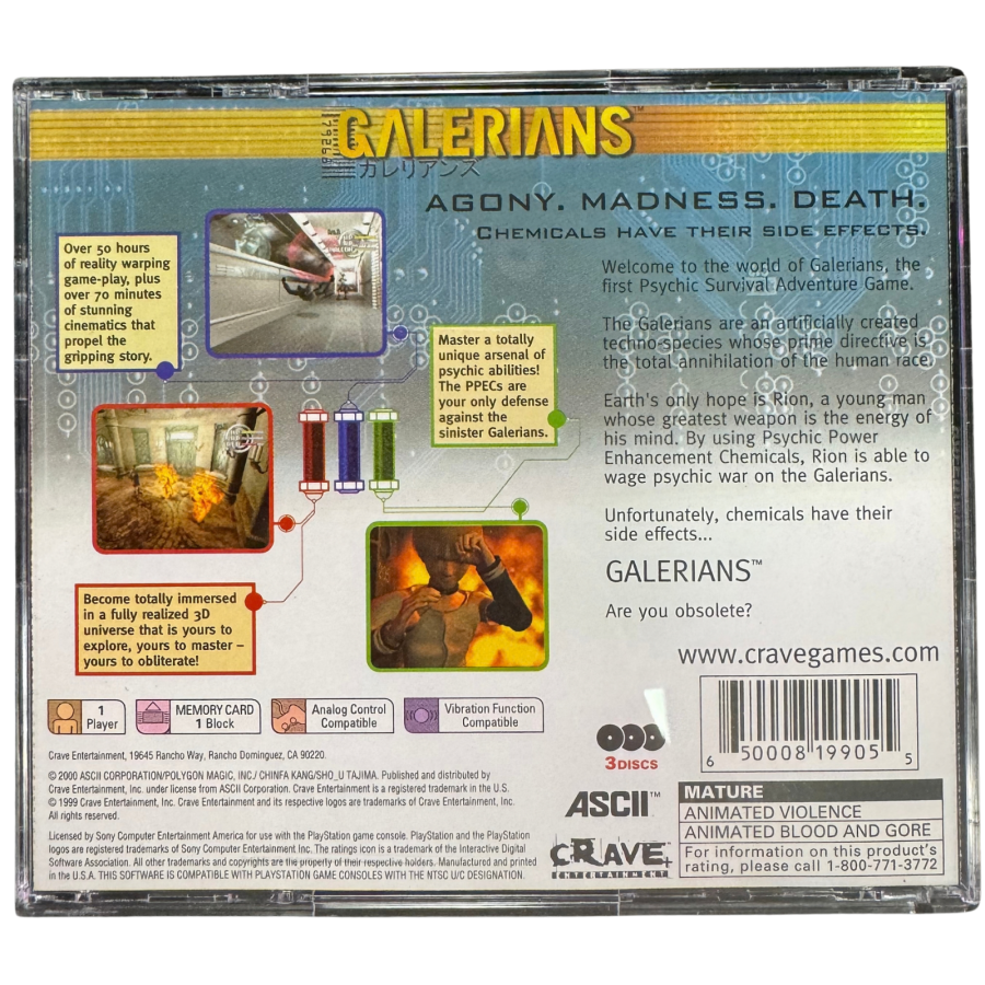 Galerians Complete In Box CIB Sony PlayStation PS1 video game featuring survival horror action gameplay psychic abilities Rion character exploration dark environments enemy encounters puzzle solving story driven adventure and classic 32 bit PlayStation gameplay retro video game collection collectible gaming appeal back cover art