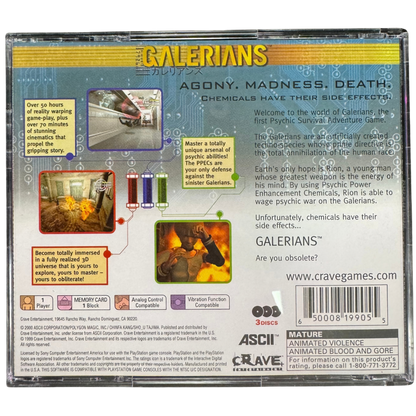 Galerians Complete In Box CIB Sony PlayStation PS1 video game featuring survival horror action gameplay psychic abilities Rion character exploration dark environments enemy encounters puzzle solving story driven adventure and classic 32 bit PlayStation gameplay retro video game collection collectible gaming appeal back cover art