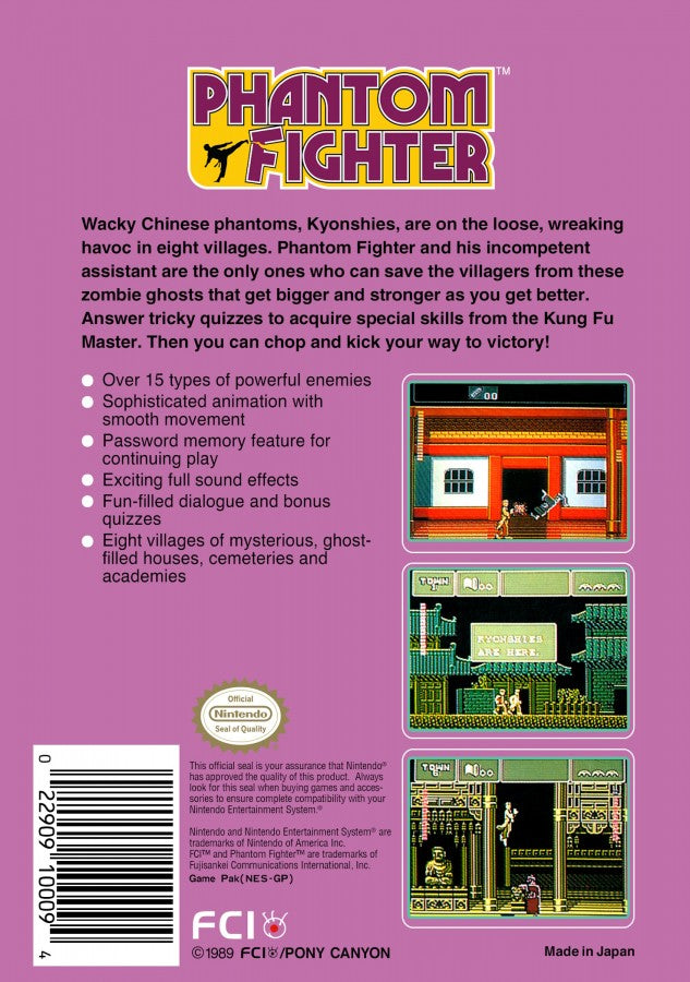 Phantom Fighter Nintendo Entertainment System NES video game featuring martial arts action gameplay ghost hunting combat supernatural enemies challenging levels side scrolling fighting action and classic 8 bit gameplay retro video game collection collectible gaming appeal back cover art
