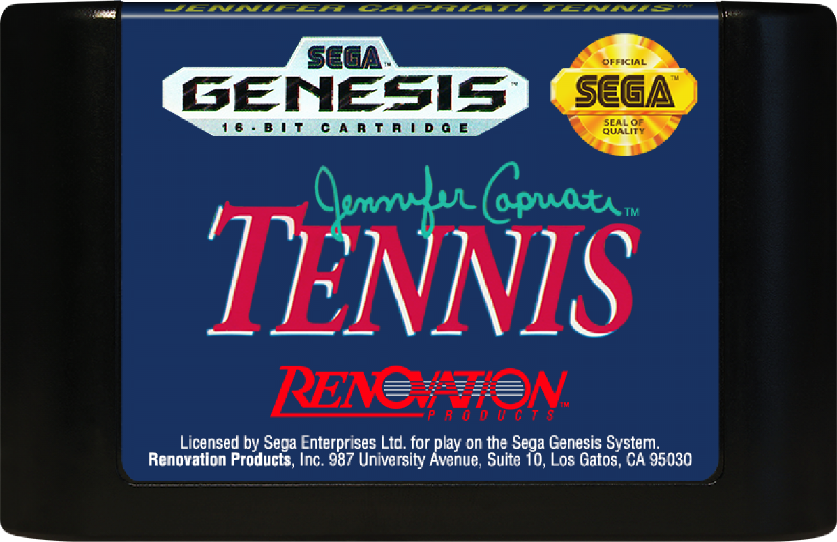 Jennifer Capriati Tennis game for the Sega Genesis featuring arcade style tennis gameplay with fast paced matches singles and doubles modes simple controls and competitive tournament style play starring tennis themed branding around Jennifer Capriati cartridge 