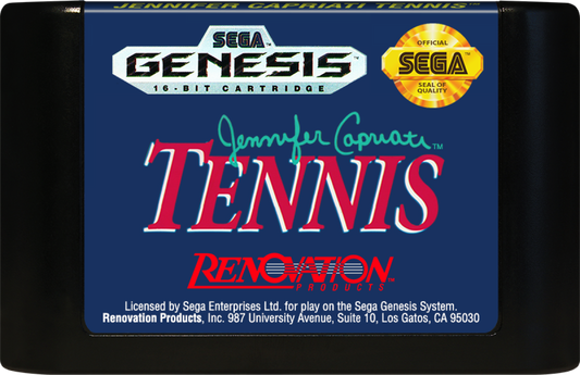 Jennifer Capriati Tennis game for the Sega Genesis featuring arcade style tennis gameplay with fast paced matches singles and doubles modes simple controls and competitive tournament style play starring tennis themed branding around Jennifer Capriati cartridge 