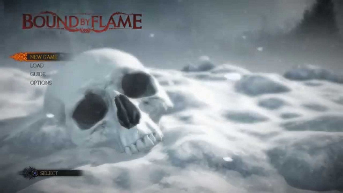 Game menu screen with a skull and 'Bound by Flame' title