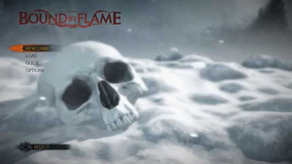 Game menu screen with a skull and 'Bound by Flame' title