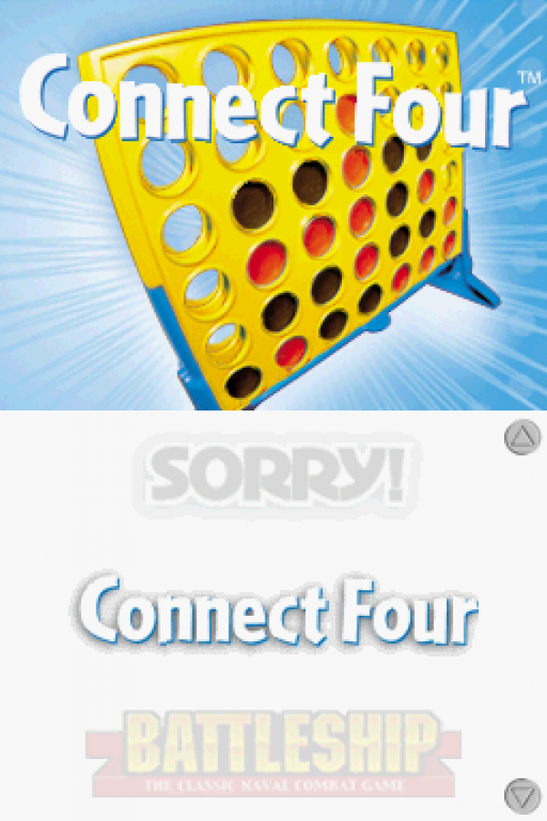 Battleship / Connect Four / Sorry / Trouble for Nintendo DS (DS), title screen for a retro video game featuring classic board game adaptations, strategy gameplay, multiplayer modes, puzzle challenges, and family-friendly competitive fun